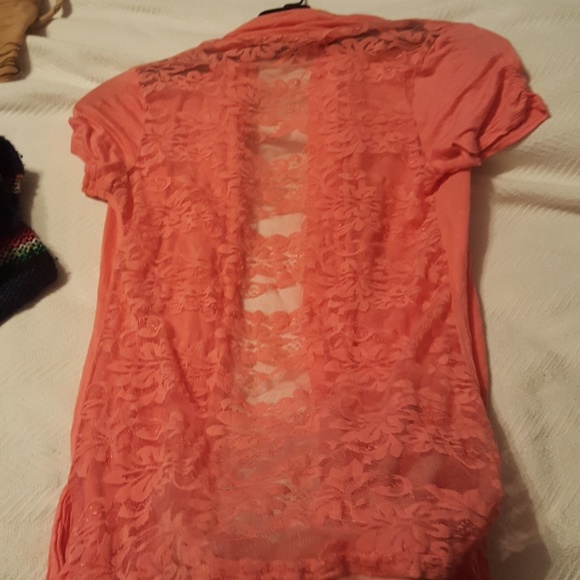 S Bright Pink Orange Lace Back Shrug - Picture 3 of 3
